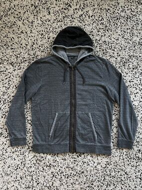 John Varvatos USA Full Zip Hooded Sweatshirt Grey Cold Dyed Vintage Wash Mens XL